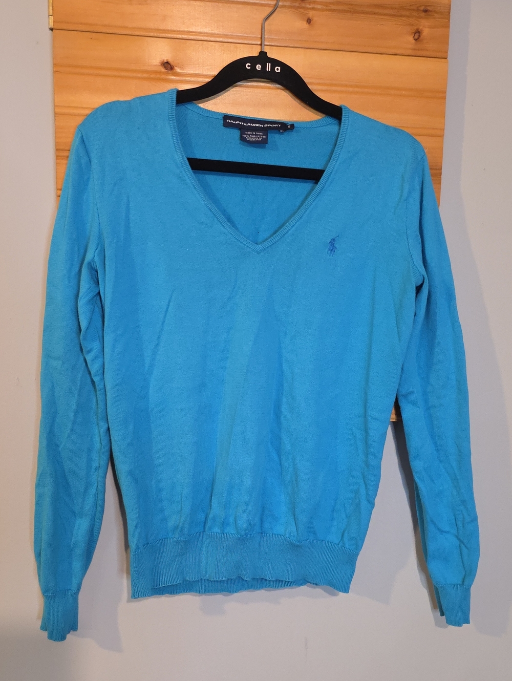 Ralph Lauren Women's S V-Neck Sweater Turquoise Blue 100% Pima Cotton Logo